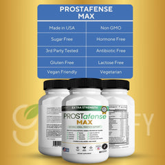 Prostafense Max bottle shows antioxidant extracts and vitamins for daily use.