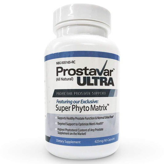 Prostavar Ultra bottle front view highlights high phytosterol content for proactive support.