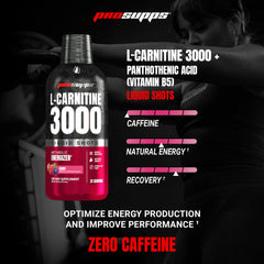 Close-up of PROSUPPS L-Carnitine 3000 berry shot label highlights sugar-free formula