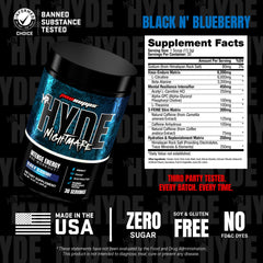 Glass of PROSUPPS Mr Hyde Nightmare with black n blueberry flavor