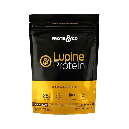 Prote&Co Lupin Protein chocolate scoop ready for a quick post-workout shake.