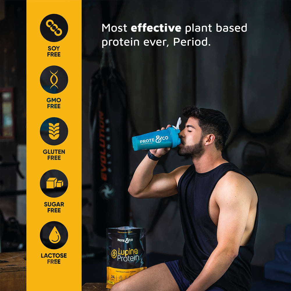 Prote&Co Lupin Protein shake dissolving easily in a glass.