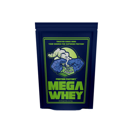 Protein Factory Mega Whey bottle pour for a quick post-workout shake.