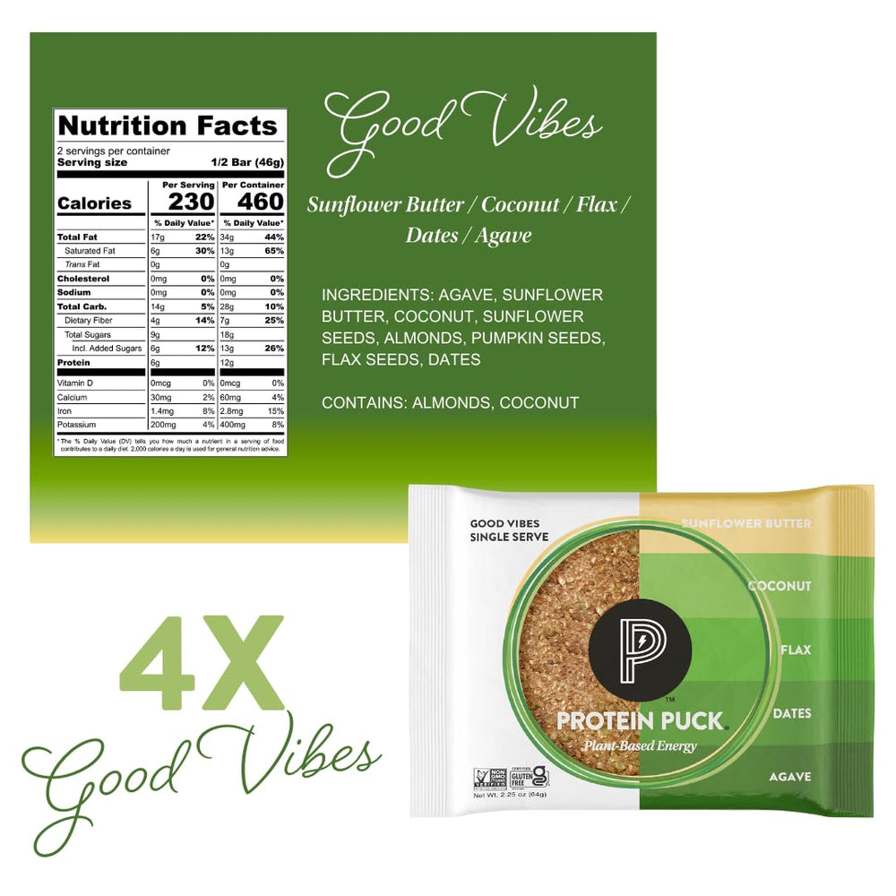 Protein Puck gluten-free non-GMO vegan kosher labels on packaging
