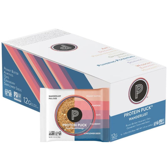Protein Puck packaging display showing 16-count box for on-the-go snacking