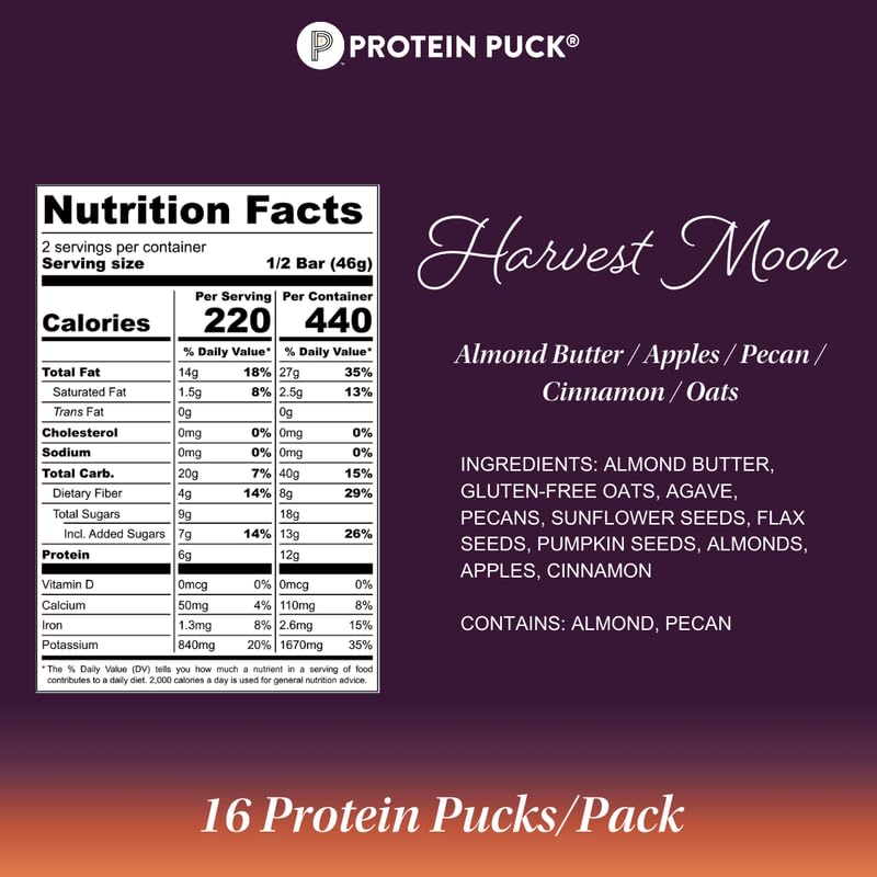 Protein Puck plant-based bar close-up with nuts and seeds for energy.