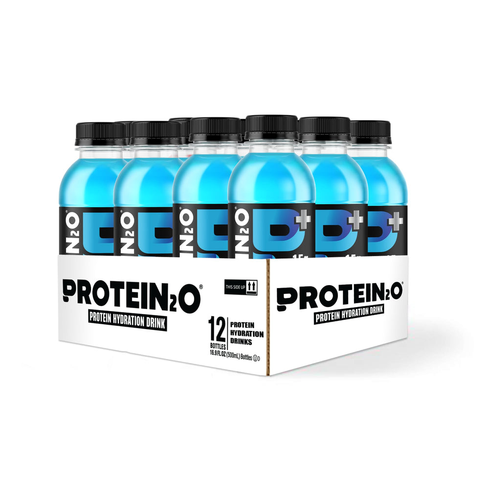Protein2o clear protein water in a glass for on-the-go hydration.