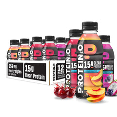 Protein2o hydration drink shows clear protein water with 15g protein for post-workout refreshment.