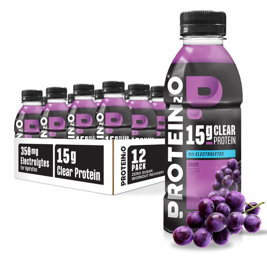 Protein2o grape-flavored hydration bottle showing clear protein water for on-the-go fuel.