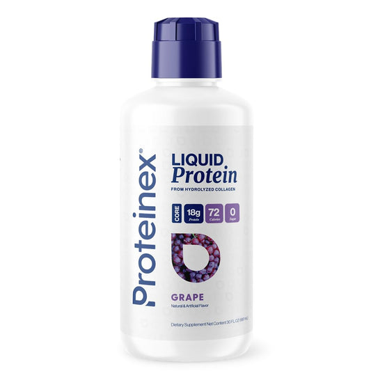 Proteinex liquid collagen bottle highlighting hydrolyzed formula for fast absorption.