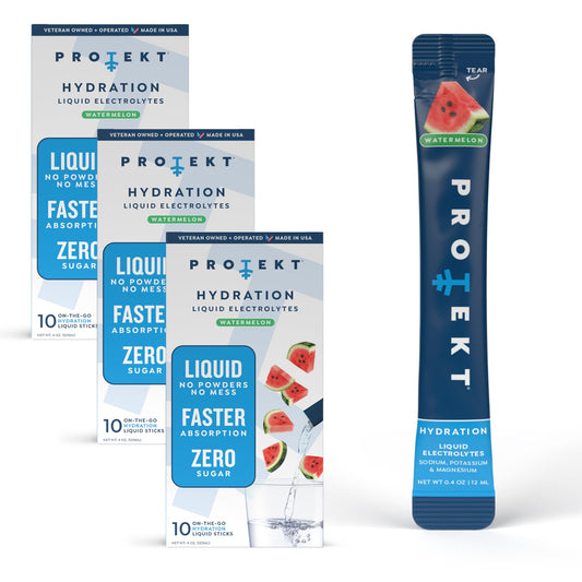 PROTEKT Watermelon Electrolyte Packets packaging for on-the-go hydration.