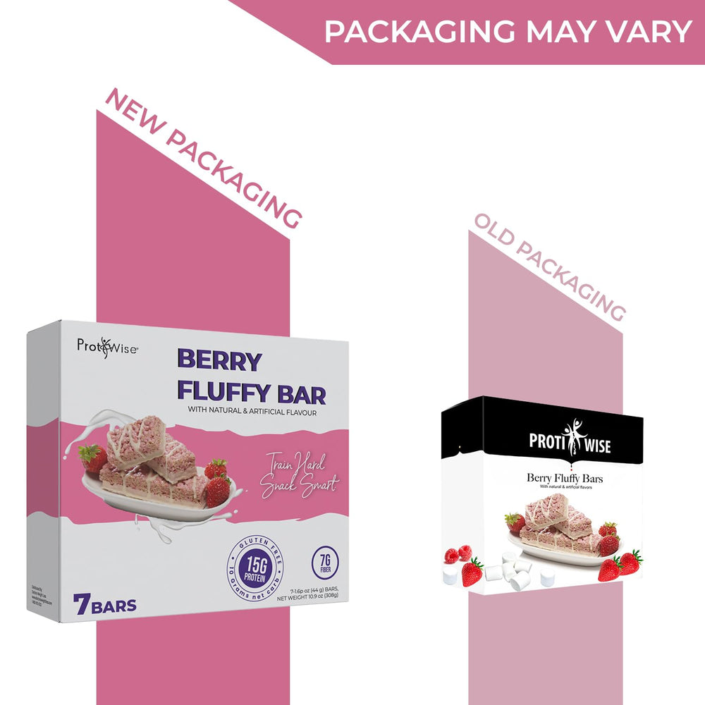 ProtiWise Berry Fluffy Bar box with seven bars for week-long snack.