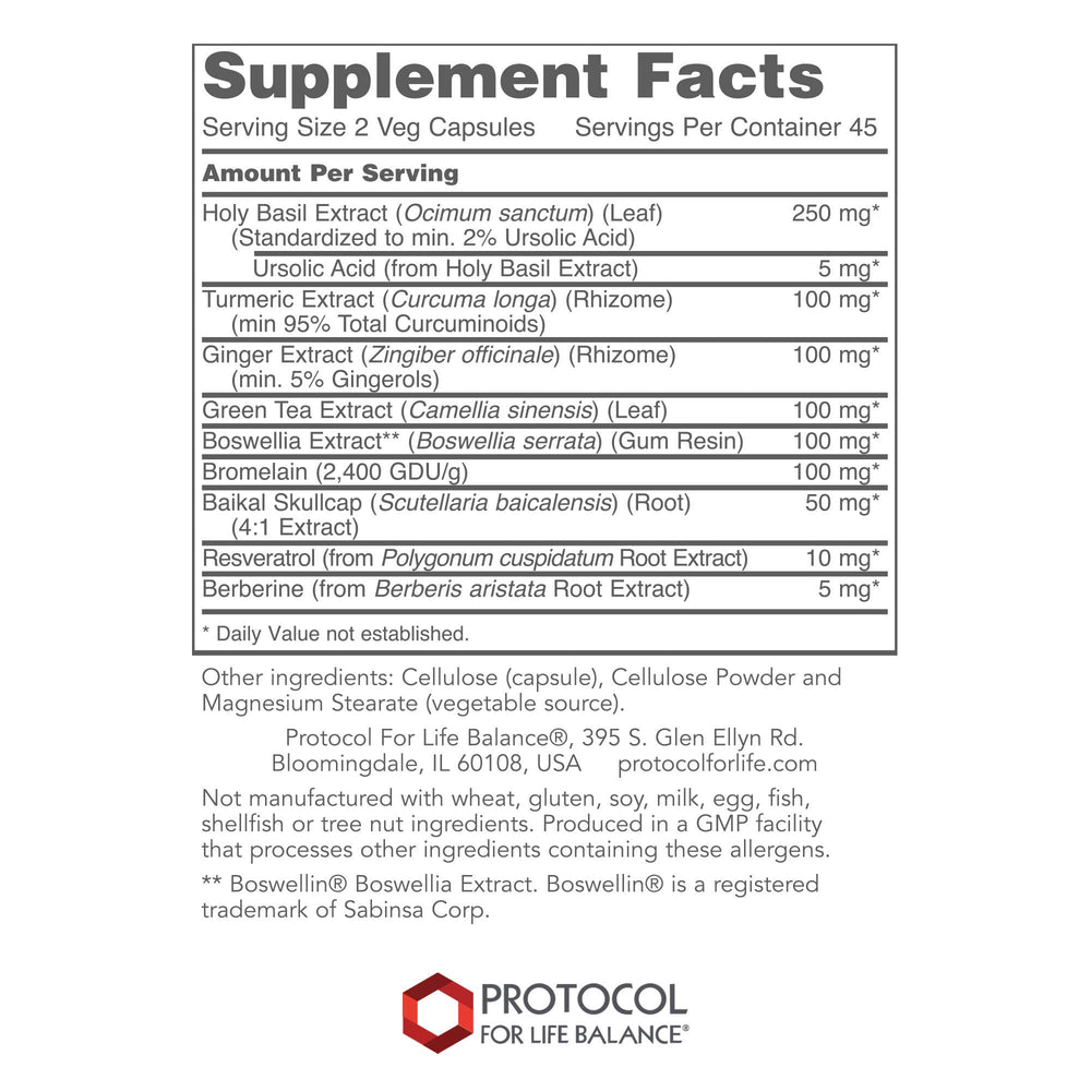 PROTOCOL FOR LIFE BALANCE D-Flame holy basil extract capsules for joint comfort.