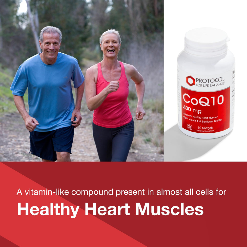Label for PROTOCOL FOR LIFE BALANCE CoQ10 shows 400 mg per softgel.