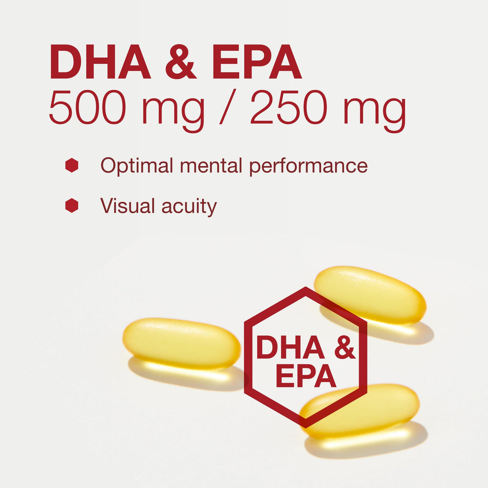 Protocol for Life Balance DHA-500 softgels with glass of water suggesting easy daily intake.