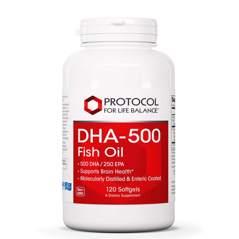 Protocol for Life Balance DHA-500 softgels bottle view highlighting brain support potential.