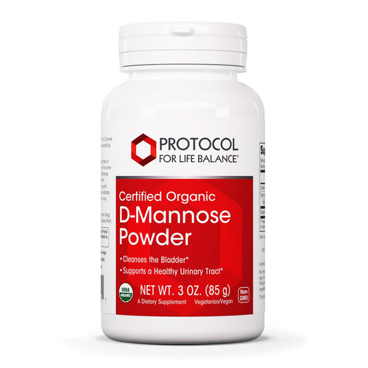 Protocol for Life Balance D-Mannose powder bottle showing daily urinary tract support.