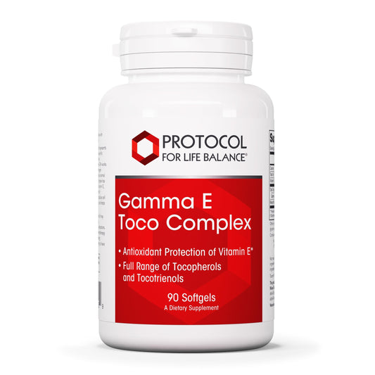 Protocol for Life Balance Gamma E Toco Complex bottle demonstrates antioxidant support.