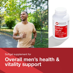 PROTOCOL FOR LIFE BALANCE Ortho Multi Softgels ingredient panel highlighting CoQ10 and B vitamins.