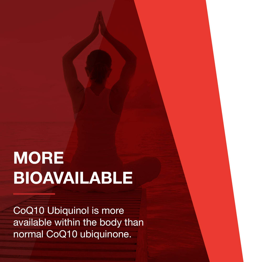 PROTOCOL FOR LIFE BALANCE ubiquinol softgels on white background, soy-free and dairy-free.