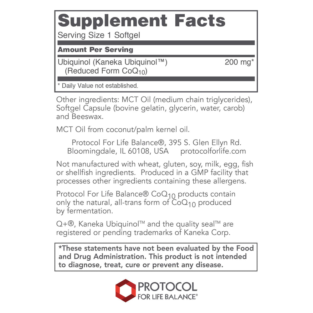 PROTOCOL FOR LIFE BALANCE ubiquinol softgels close-up showing easy-to-swallow capsules.