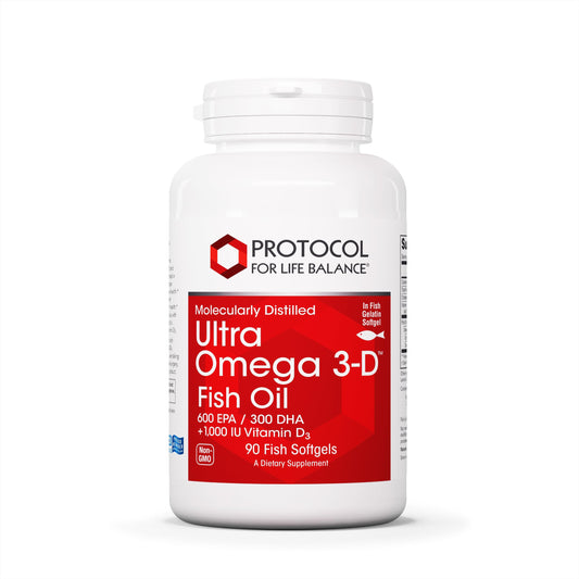 Protocol for Life Balance Ultra Omega 3-D bottle on table may support heart and brain health