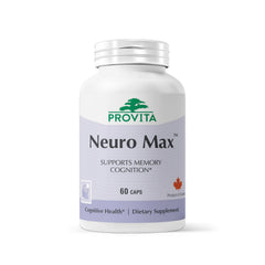 Provita Neuro Max bottle closeup highlighting daily cognitive support.