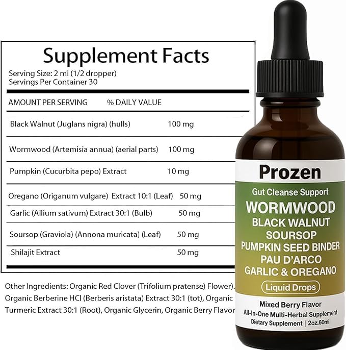 PROZEN Wormwood Gut Cleanse pour illustrating fast-absorbing liquid.