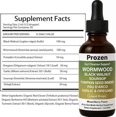 PROZEN Wormwood Gut Cleanse pour illustrating fast-absorbing liquid.