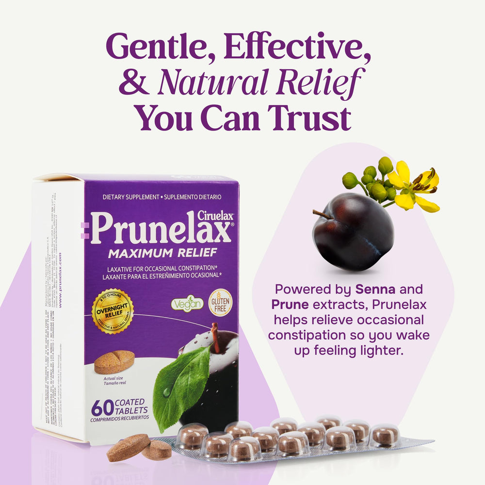 Prunelax Ciruelax bottle pictured beside a nightstand for bedtime dosing.