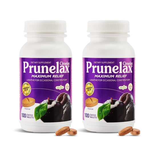 Prunelax Maximum Relief 200 tablets bottle front shows vegan and gluten-free formulation.