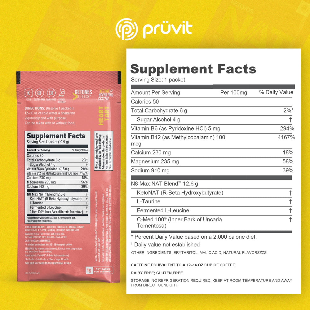 PRÜVIT Keto//OS NAT Heart Tart Charged packet dissolving in water for quick, flavorful hydration.