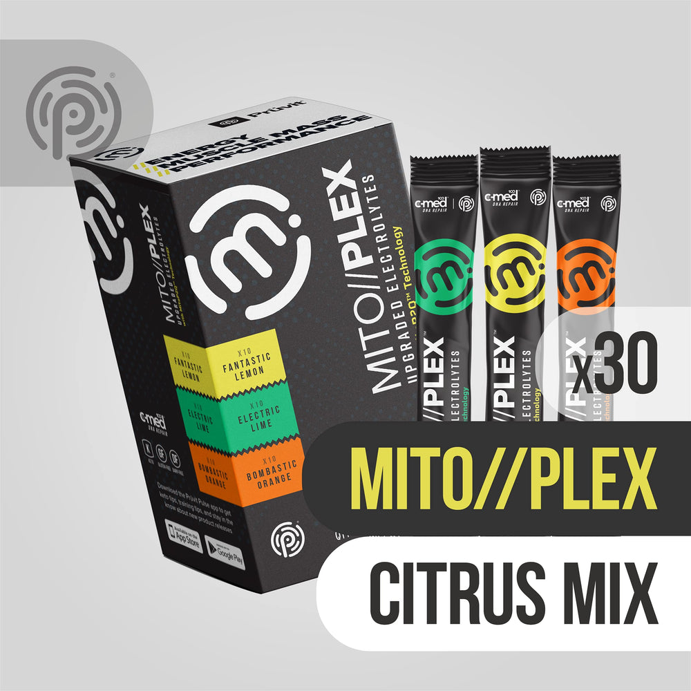 Closeup of PRÜVIT Mito//PLEX Citrus Pack label highlights clean formula