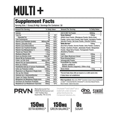 PRVN Performance Multi+ Green ingredients-label highlights Lion’s Mane, Ashwagandha, and probiotics.
