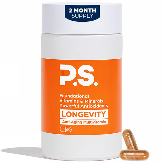 PS Longevity bottle front with capsules for daily vitality.