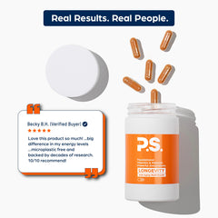 PS Longevity packaging with glass bottle communicates clean ingredient promise.