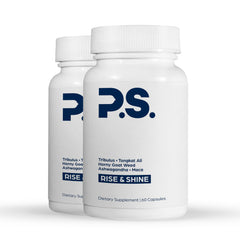 PS Natural Testosterone Booster bottle on a kitchen counter for daily energy support