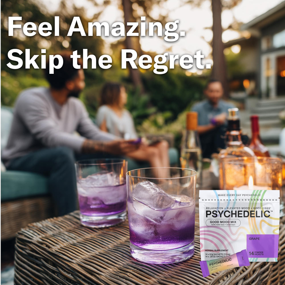 Psychedelic Water Calming Kava grape powder packet shows convenient, low-calorie mood support.