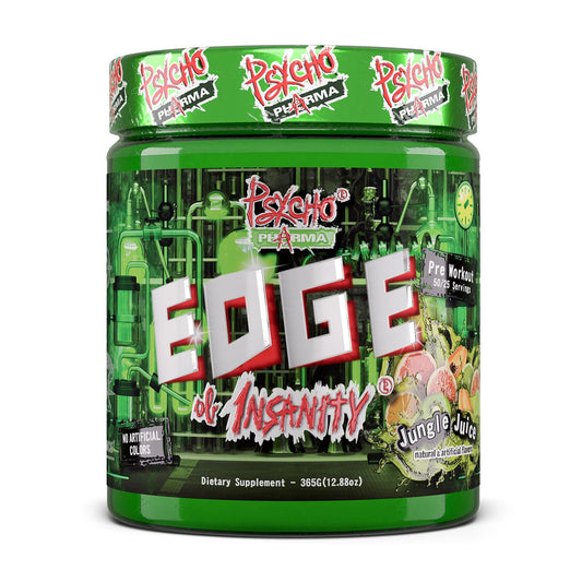 Psycho Pharma Edge of Insanity front label, high-stim formula for seasoned athletes seeking intense workouts.