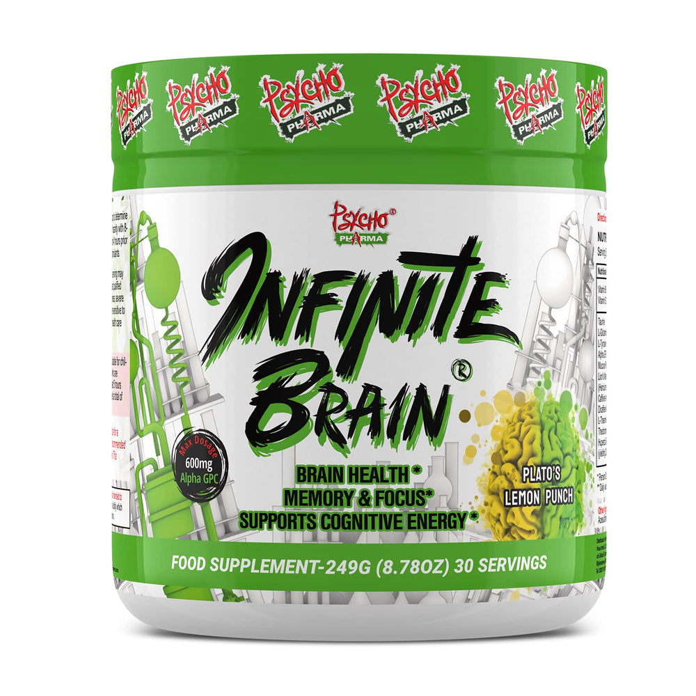 Psycho Pharma Infinite Brain lemon punch bottle highlighting mood and focus potential.