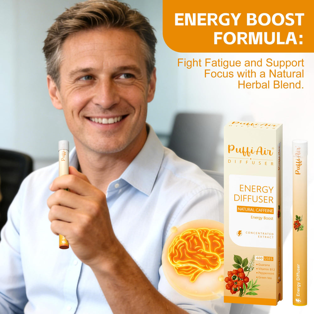 PUFFIAIR diffuser pen shows guarana and green tea boost for focus during workouts.