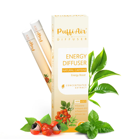 PUFFIAIR Herbal Diffuser Pen packshot highlights natural energy blend for focus.
