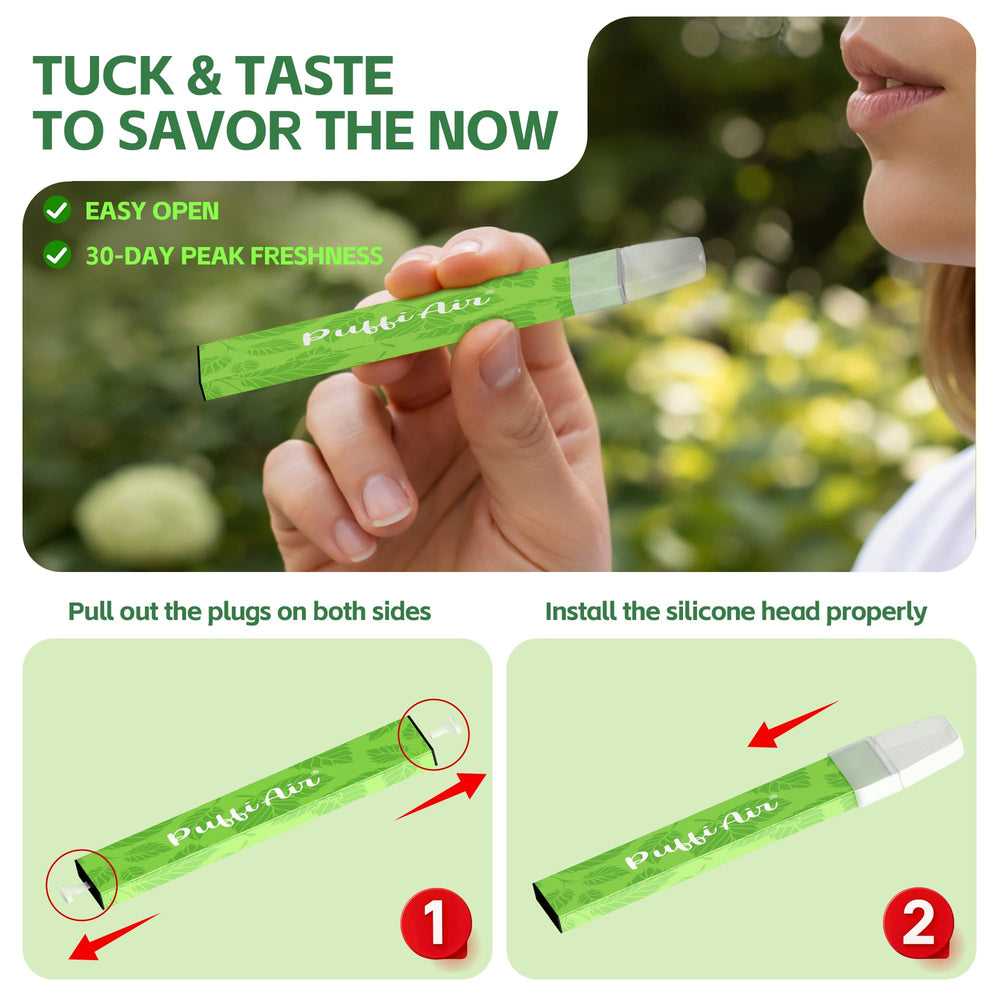 PUFFIAIR mullein and peppermint visuals emphasize natural inhalation benefits.