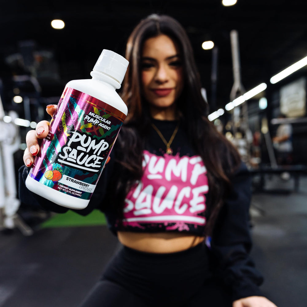 Pump Sauce bottle with measuring spoon conveys precise dosing for personalized workouts.