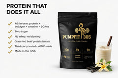 PUMPFIT305 vanilla bottle close-up highlighting flavor and label nutrition