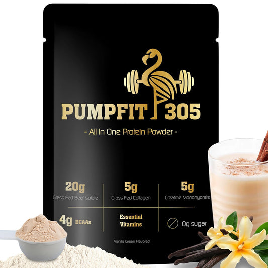 PUMPFIT305 vanilla protein powder front view shows high quality beef protein for post-workout recovery