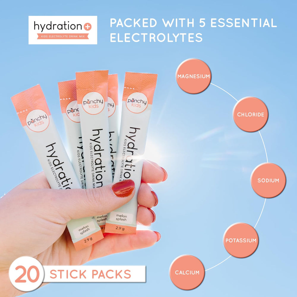 Punchy Kids Hydration Melon Splash box with sticks highlights compact hydration for families.