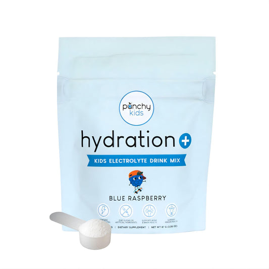 Punchy Kids Hydration+ blue raspberry powder dissolves in water for quick refreshment.
