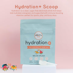 Punchy Kids Hydration+ Melon Splash powder being scooped into water for quick mixing.