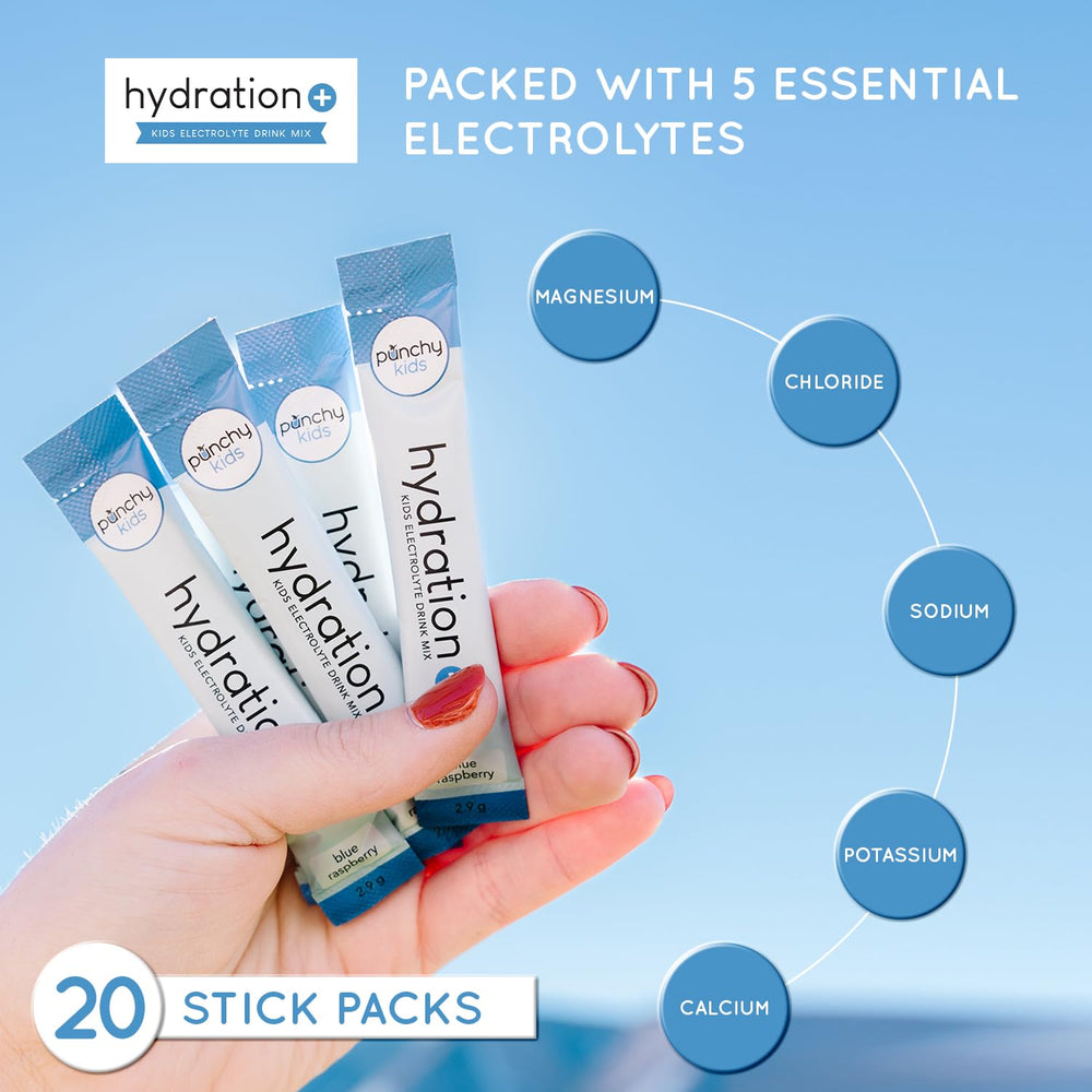 Punchy Kids Hydration packaging highlights vitamin D and zinc nutrients.